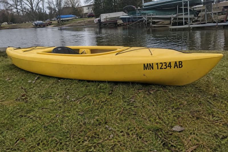 MN 1234 AB · 3" black on a kayak. Rotomoulded plastic needs high-tack.